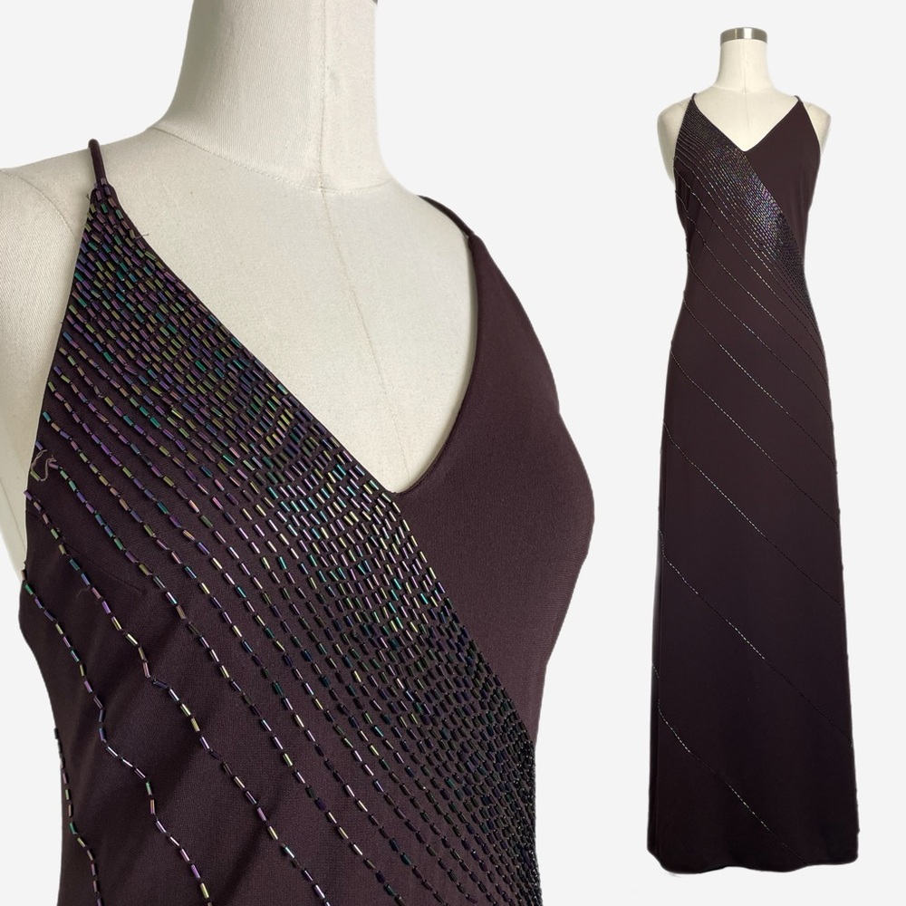 Delaru NWT Plum brown diagonal beaded stretchy maxi gown formal minimalist S